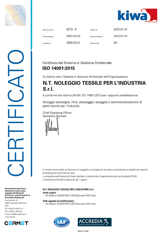La NT è certificata ISO 14001:2015